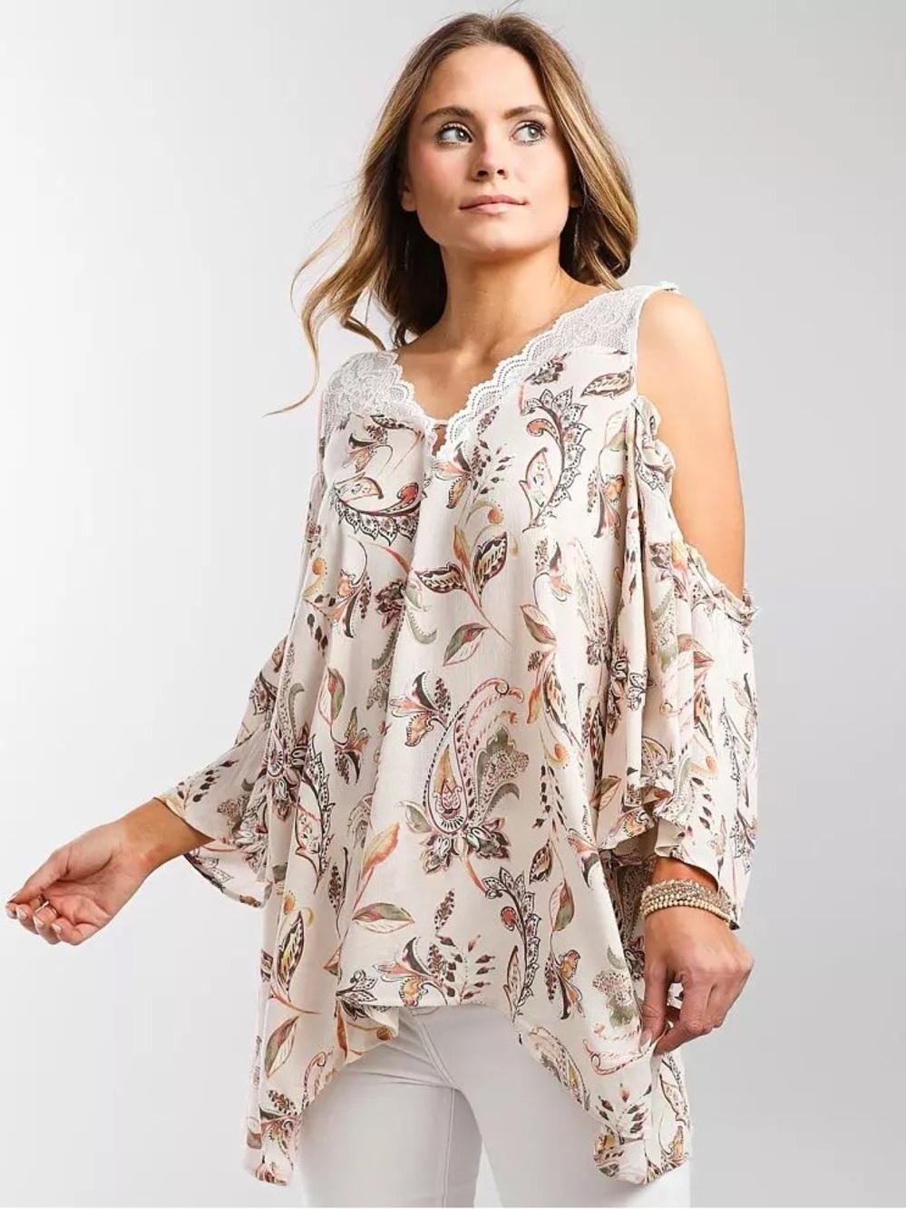 gimmicks by BKE Cream Paisley Cold-Shoulder Tunic - Picture 3 of 5